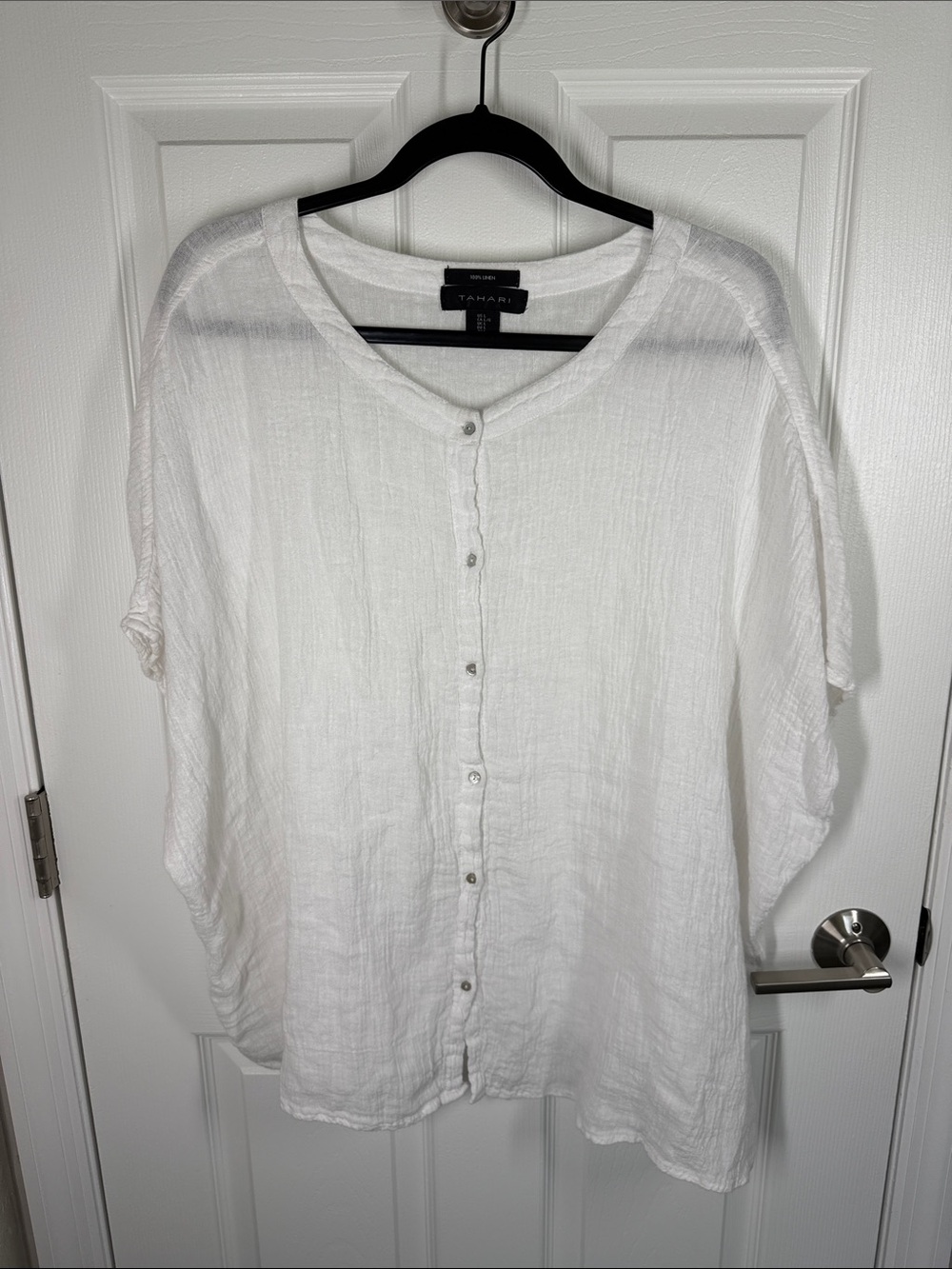 Tahari gauzy linen button down white flowy boxy oversized blouse size large